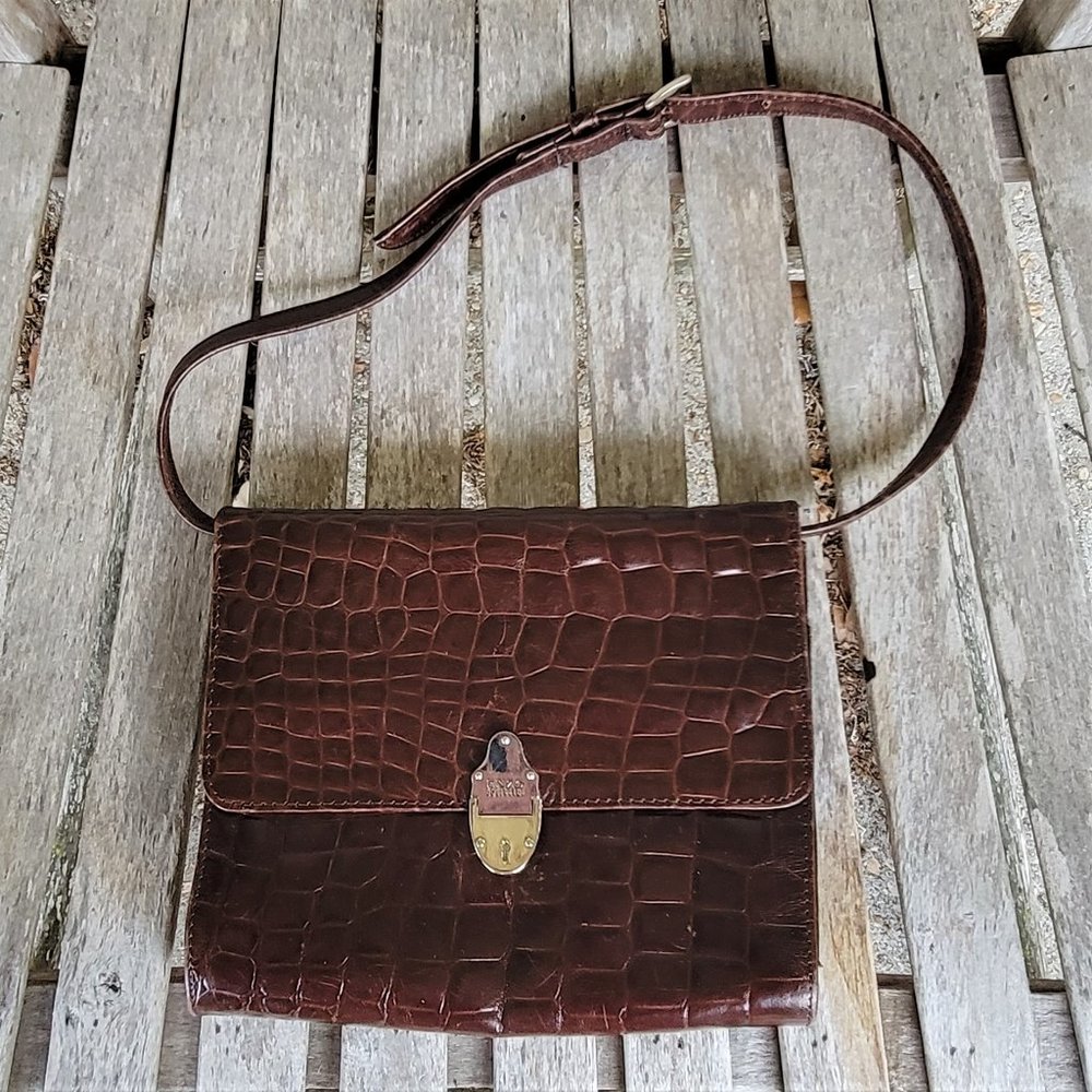 ENZO ANGIOLINI Brown Leather Embossed Croc Shoulder Flap Bag Clutch